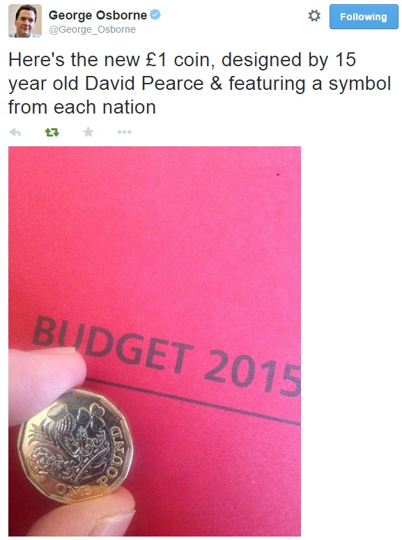 Osborne Tweet's a photo of the new £1 coin design