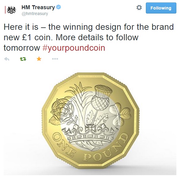 HM Treasury tweeted the new £1 coin design