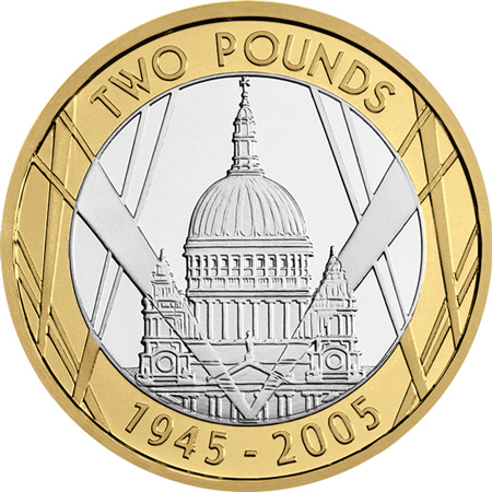The VE Day 60th Anniversary £2 features St Paul's Cathedral on the reverse