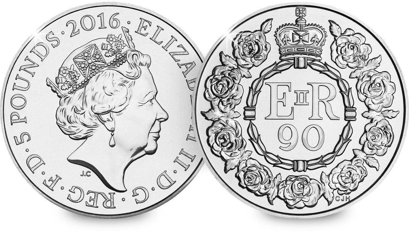 The 2016 £5 coin to commemorate the Queen's 90th birthday